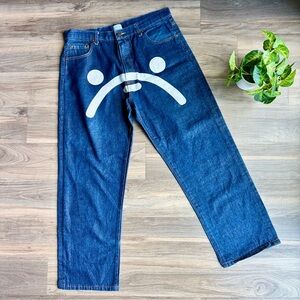 BAPE x BBC RARE Sad Face Graphic Denim Jeans‎ Blue Straight Fit Collectors Item